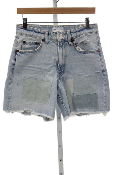 Zara Women Bermuda Shorts Blue 100% Cotton Patchwork Button Closure Size 4
