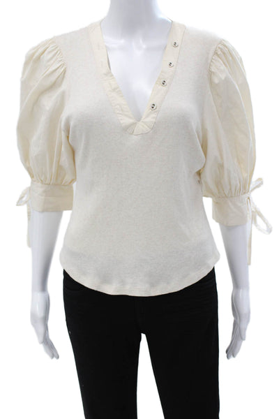 Ulla Johnson Women Henley Cotton Basic T-Shirt 3/4 Sleeve Ivory Size M