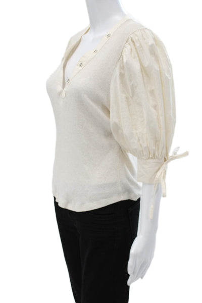 Ulla Johnson Women Henley Cotton Basic T-Shirt 3/4 Sleeve Ivory Size M