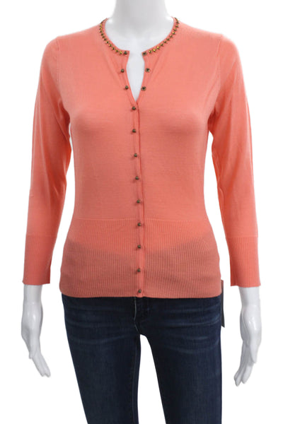 Elie Tahari Women Orange Wool V-Neck Cardigan 3/4 Sleeve Size S