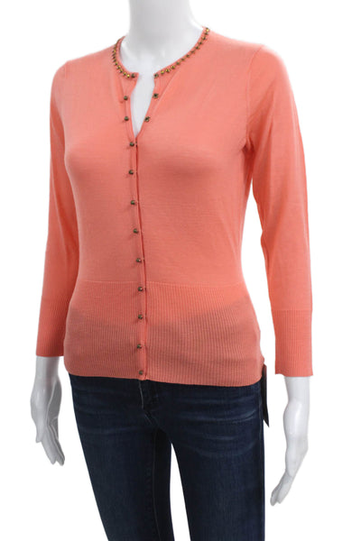 Elie Tahari Women Orange Wool V-Neck Cardigan 3/4 Sleeve Size S