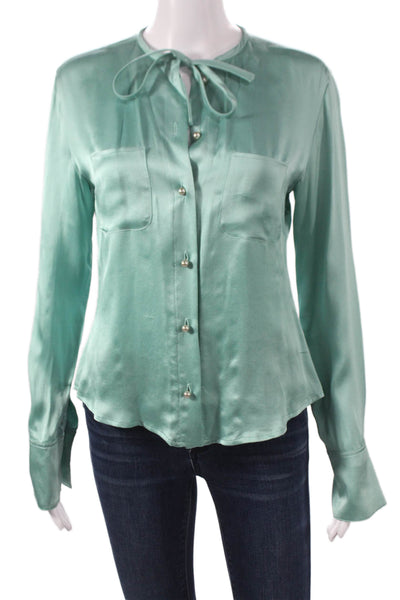 Max Mara Womens Silk Round Neck Button Long Sleeve Basic Blouse Green Size 8