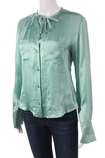Max Mara Womens Silk Round Neck Button Long Sleeve Basic Blouse Green Size 8