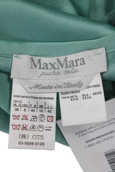 Max Mara Womens Silk Round Neck Button Long Sleeve Basic Blouse Green Size 8