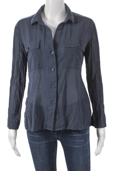 James Perse Women Basic Silk Collared Button-Up Long Sleeve Blue Size 1