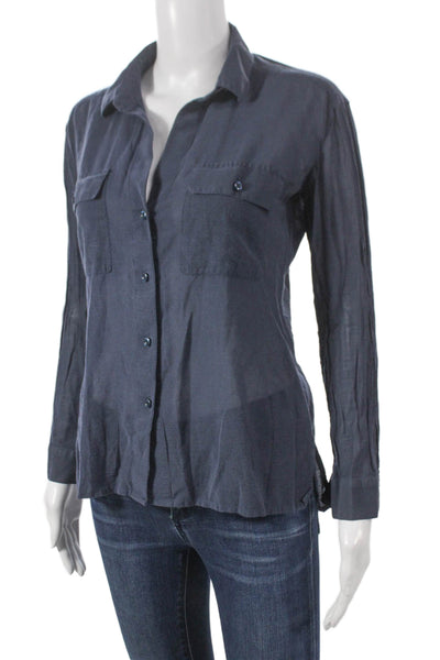 James Perse Women Basic Silk Collared Button-Up Long Sleeve Blue Size 1