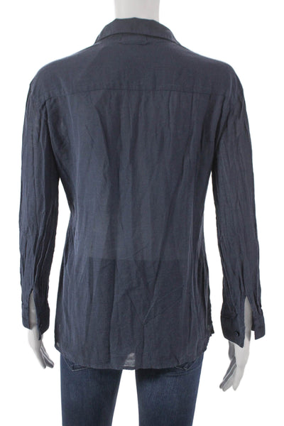 James Perse Women Basic Silk Collared Button-Up Long Sleeve Blue Size 1