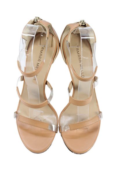 Tamara Mellon Women's Leather Clear Straps Stiletto Sandals Beige Size 37.5