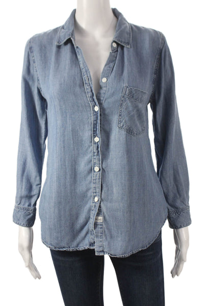Rails Womens Collared Long Sleeve Button-Up Top Blue Tencel Linen Size XS