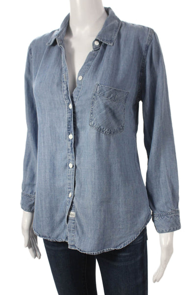 Rails Womens Collared Long Sleeve Button-Up Top Blue Tencel Linen Size XS