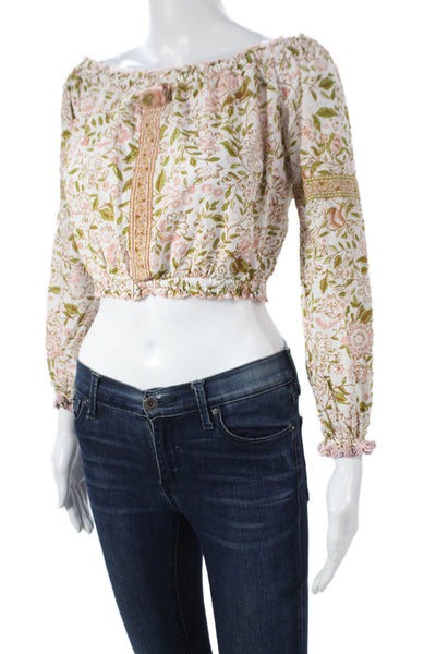 Poupette St. Barth Women Cropped Floral Off Shoulder Long Sleeve Blouse Size S
