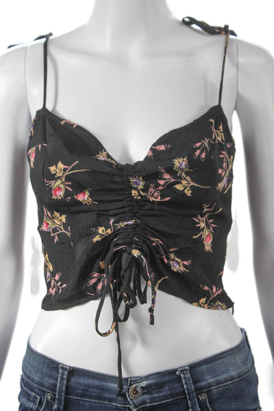 Blue Life Women Camisole Black Floral Rayon Sweetheart Drawstring Size S