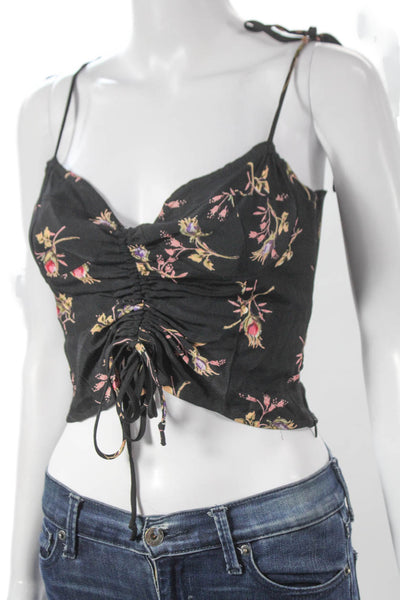 Blue Life Women Camisole Black Floral Rayon Sweetheart Drawstring Size S