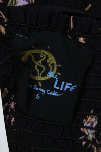 Blue Life Women Camisole Black Floral Rayon Sweetheart Drawstring Size S