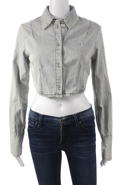 Ksubi Women Cropped Button-Up Collared Gray Cotton Long Sleeve Top Size S