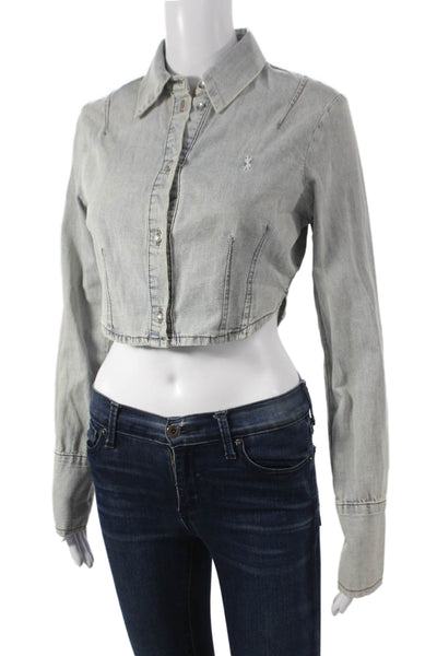 Ksubi Women Cropped Button-Up Collared Gray Cotton Long Sleeve Top Size S