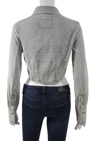 Ksubi Women Cropped Button-Up Collared Gray Cotton Long Sleeve Top Size S