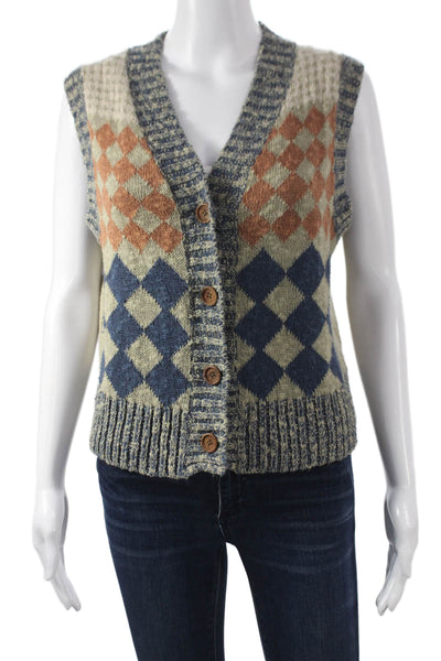 Re/Done Womens Beige Linen Argyle V Neck Sleeveless Sweater Vest Size S