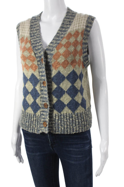 Re/Done Womens Beige Linen Argyle V Neck Sleeveless Sweater Vest Size S