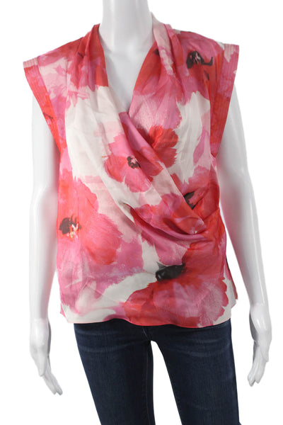 Prabal Gurung Women Pink Silk Floral V-Neck Sleeveless Blouse Pullover Size 8