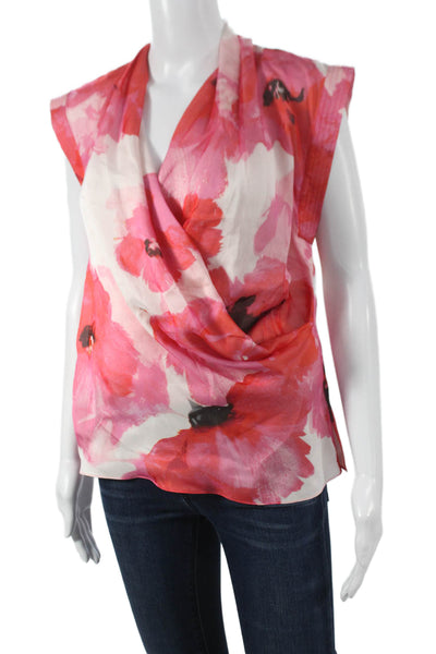 Prabal Gurung Women Pink Silk Floral V-Neck Sleeveless Blouse Pullover Size 8