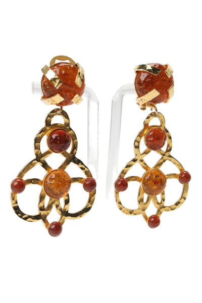 Dominique Aurientis Womens Gold Tone Orange Gripoix ClipOn Dangle Earrings