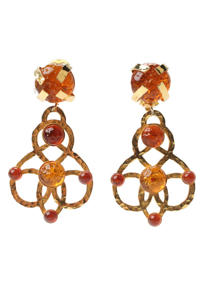 Dominique Aurientis Womens Gold Tone Orange Gripoix ClipOn Dangle Earrings