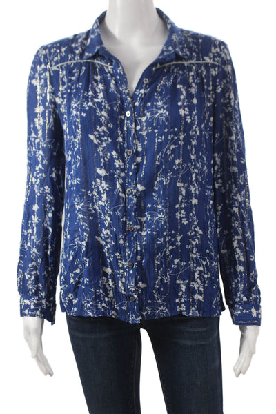Ba&Sh Womens Floral Viscose Collared Button Blouse Blue Long Sleeve Size 4