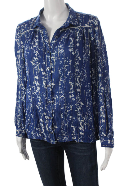 Ba&Sh Womens Floral Viscose Collared Button Blouse Blue Long Sleeve Size 4