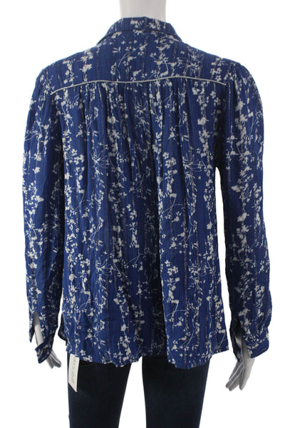 Ba&Sh Womens Floral Viscose Collared Button Blouse Blue Long Sleeve Size 4