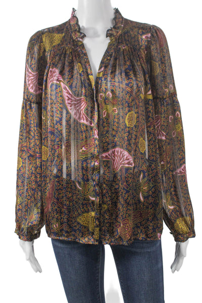Ba&Sh Womens Floral Mock Neck Long Sleeve Blouse Blue Polyester Size 4