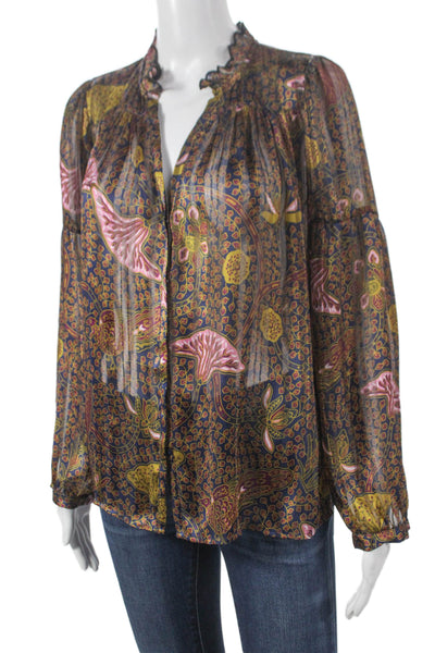 Ba&Sh Womens Floral Mock Neck Long Sleeve Blouse Blue Polyester Size 4