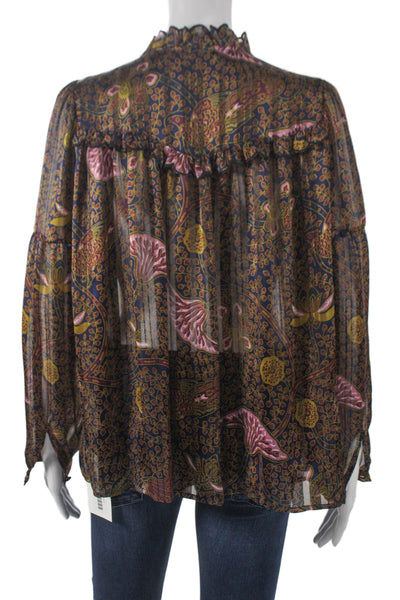 Ba&Sh Womens Floral Mock Neck Long Sleeve Blouse Blue Polyester Size 4
