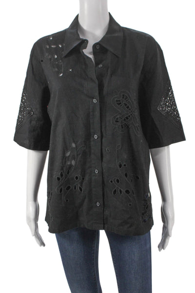 Hunter Bell Womens Black Cotton Collared Short Sleeve Button Up Top Size L