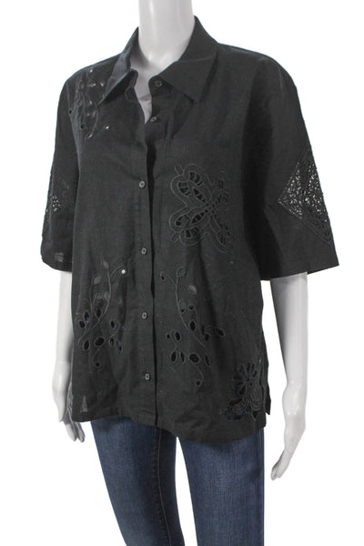 Hunter Bell Womens Black Cotton Collared Short Sleeve Button Up Top Size L
