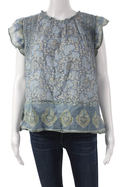 Sea New York Women Tunic Blouse Sleeveless Round Neck Blue Cotton Size M