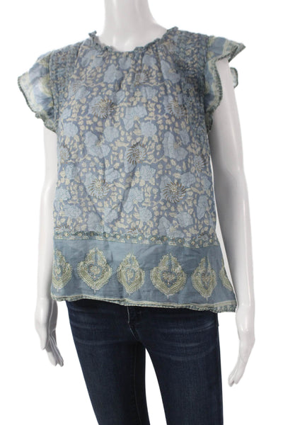 Sea New York Women Tunic Blouse Sleeveless Round Neck Blue Cotton Size M