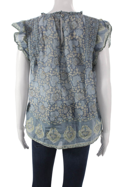 Sea New York Women Tunic Blouse Sleeveless Round Neck Blue Cotton Size M