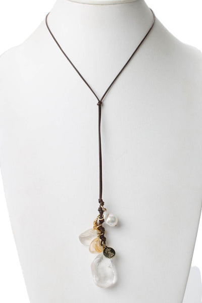 Perle By Lola Womens Brown Cord Gold Tone Rock Crystal +Pearl Charm Necklace 25"