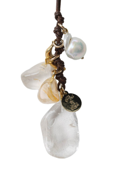Perle By Lola Womens Brown Cord Gold Tone Rock Crystal +Pearl Charm Necklace 25"