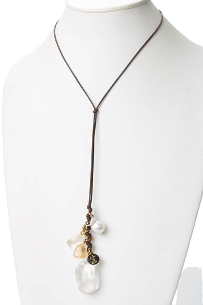 Perle By Lola Womens Brown Cord Gold Tone Rock Crystal +Pearl Charm Necklace 25"