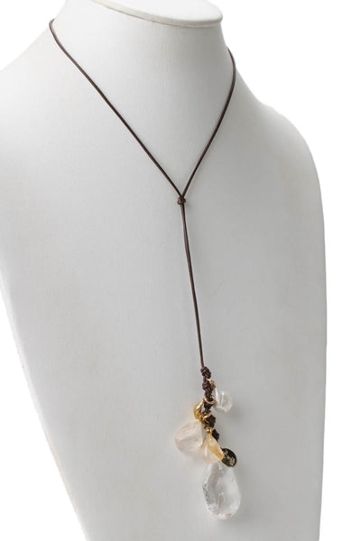 Perle By Lola Womens Brown Cord Gold Tone Rock Crystal +Pearl Charm Necklace 25"