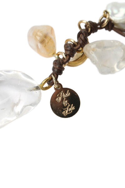 Perle By Lola Womens Brown Cord Gold Tone Rock Crystal +Pearl Charm Necklace 25"