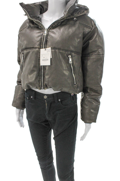 Zara Women Puffer Jacket Gray Polyester Zip Long Sleeve Fall Size S