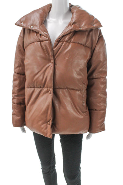 Bagatelle Womens Puffer Jacket Brown Polyurethane Snap Long Sleeve Size S