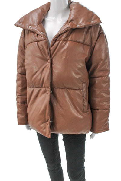 Bagatelle Womens Puffer Jacket Brown Polyurethane Snap Long Sleeve Size S