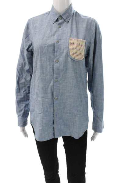 Folk Mens Button-Down Cotton Collared Long Sleeve Blue Solid Fall Size 1