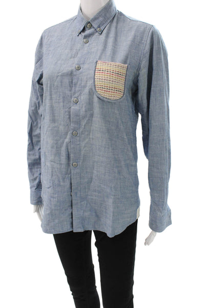 Folk Mens Button-Down Cotton Collared Long Sleeve Blue Solid Fall Size 1