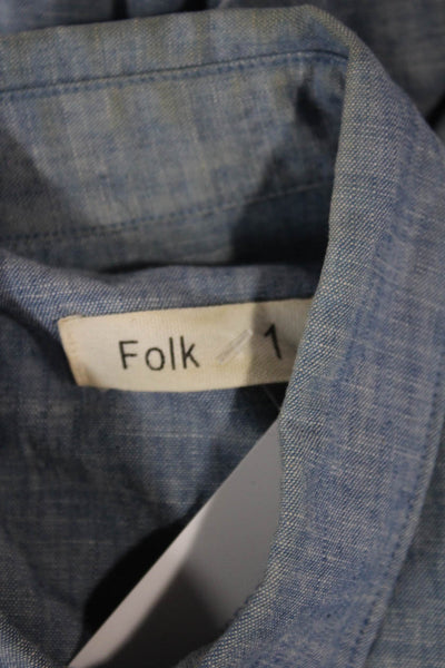 Folk Mens Button-Down Cotton Collared Long Sleeve Blue Solid Fall Size 1