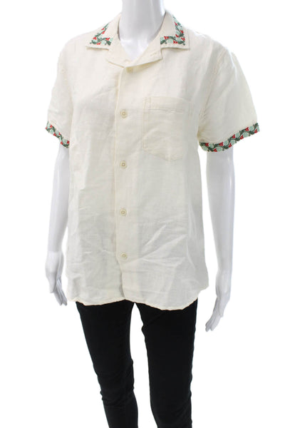 Corridor Mens Buttoned Down Linen Collared Short Sleeve Shirt Ivory Size XS